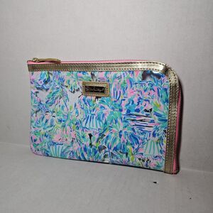 Lilly Pulitzer Cabana Print Pencil Pouch Agena Bag Floral Blue Pink